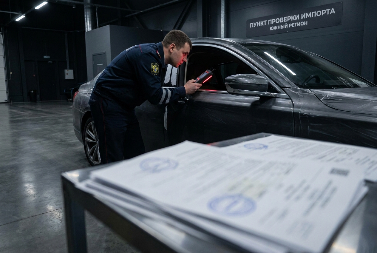 Проверка документов и VIN при импорте легкового авто — контроль перед сделкой в тёмном зале с красным акцентом