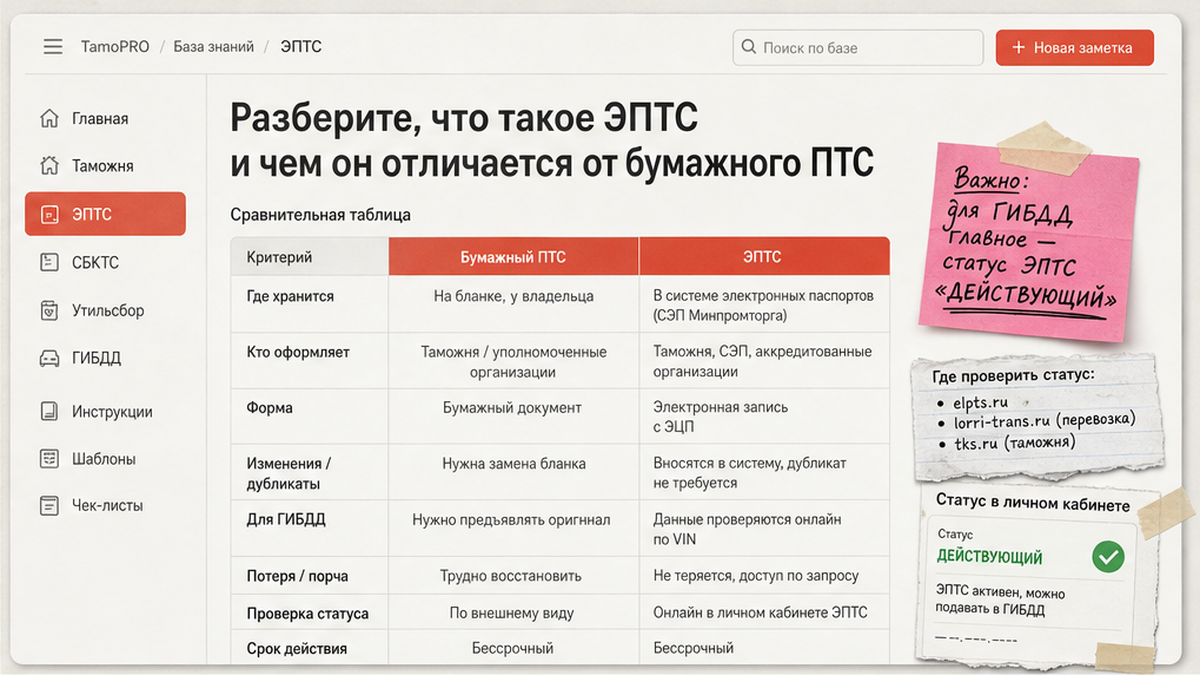 Таблица сравнения бумажного ПТС и ЭПТС для импортного авто